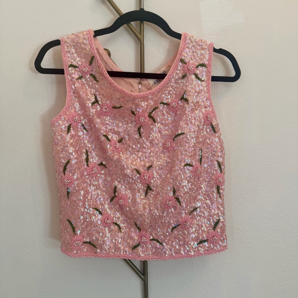 Vintage Beaded Wool Pink Sequin Floral Crop Top